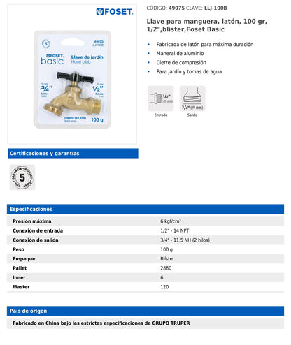 Llave para Manguera de Latón de 100gr y 1/2"