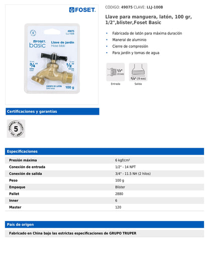 Llave para manguera de latón de 1/2 pulgada con cierre de compresión