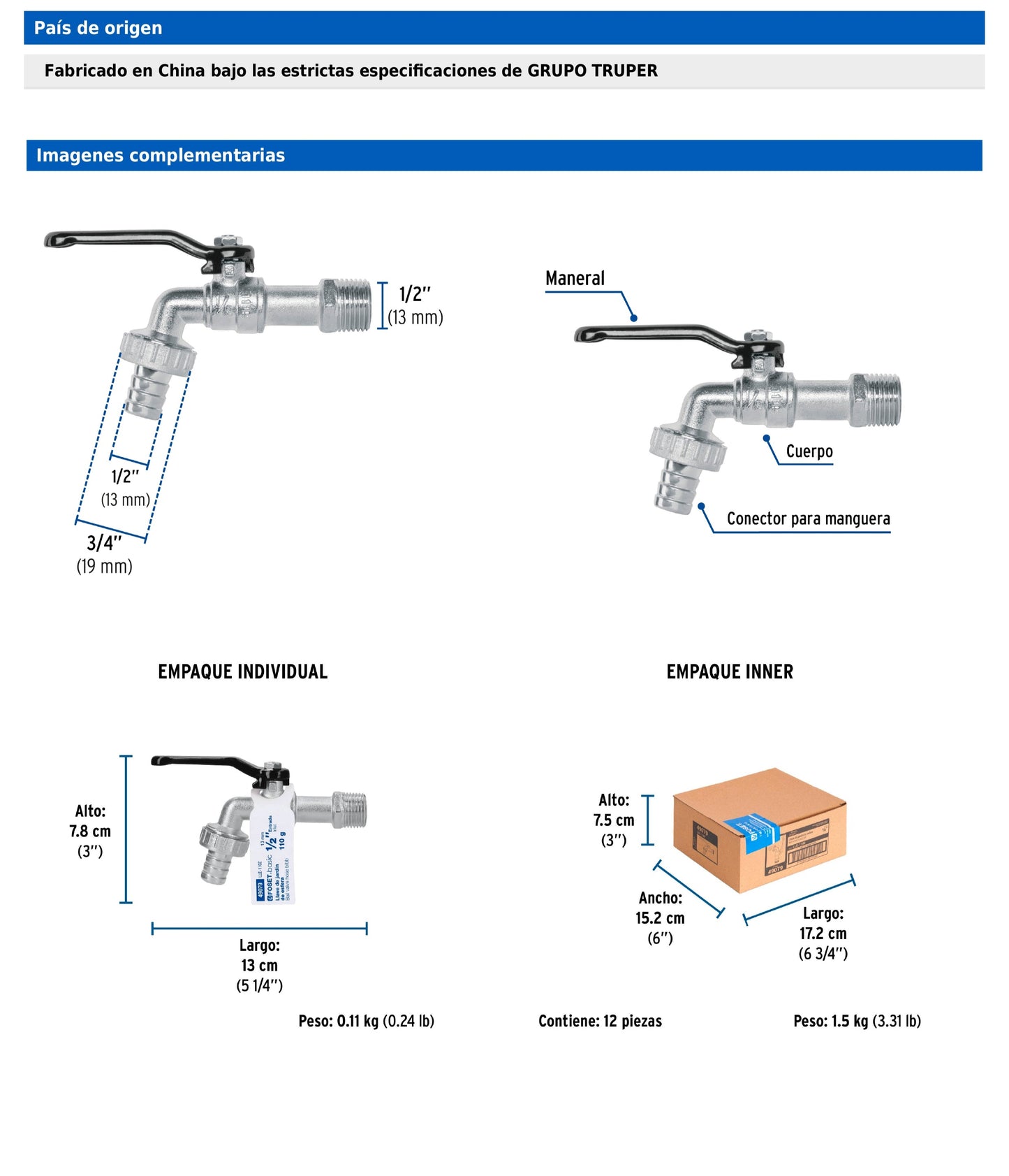 Llave de esfera de zinc de 110 g con entrada de 1/2 pulgada