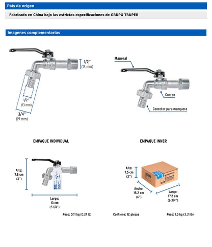 Llave de esfera de zinc de 110 g con entrada de 1/2 pulgada