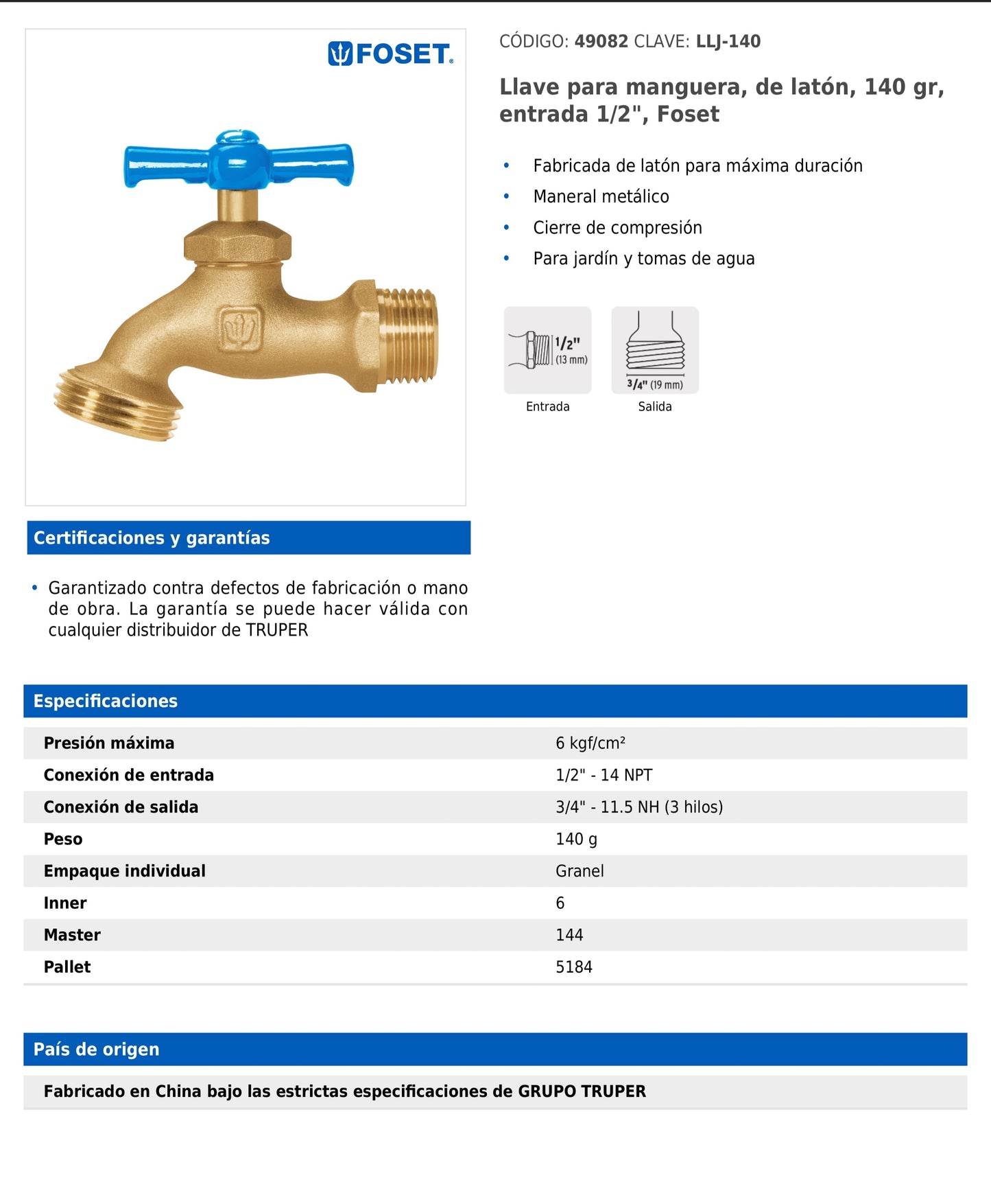 Llave para manguera de latón con entrada de 1/2" y maneral metálico