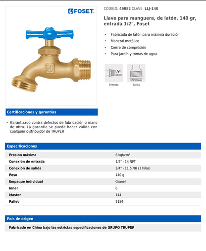 Llave para manguera de latón con entrada de 1/2" y maneral metálico