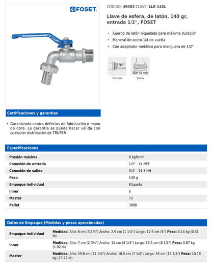 Llave de esfera de latón de 140 g con entrada de 1/2 pulgada