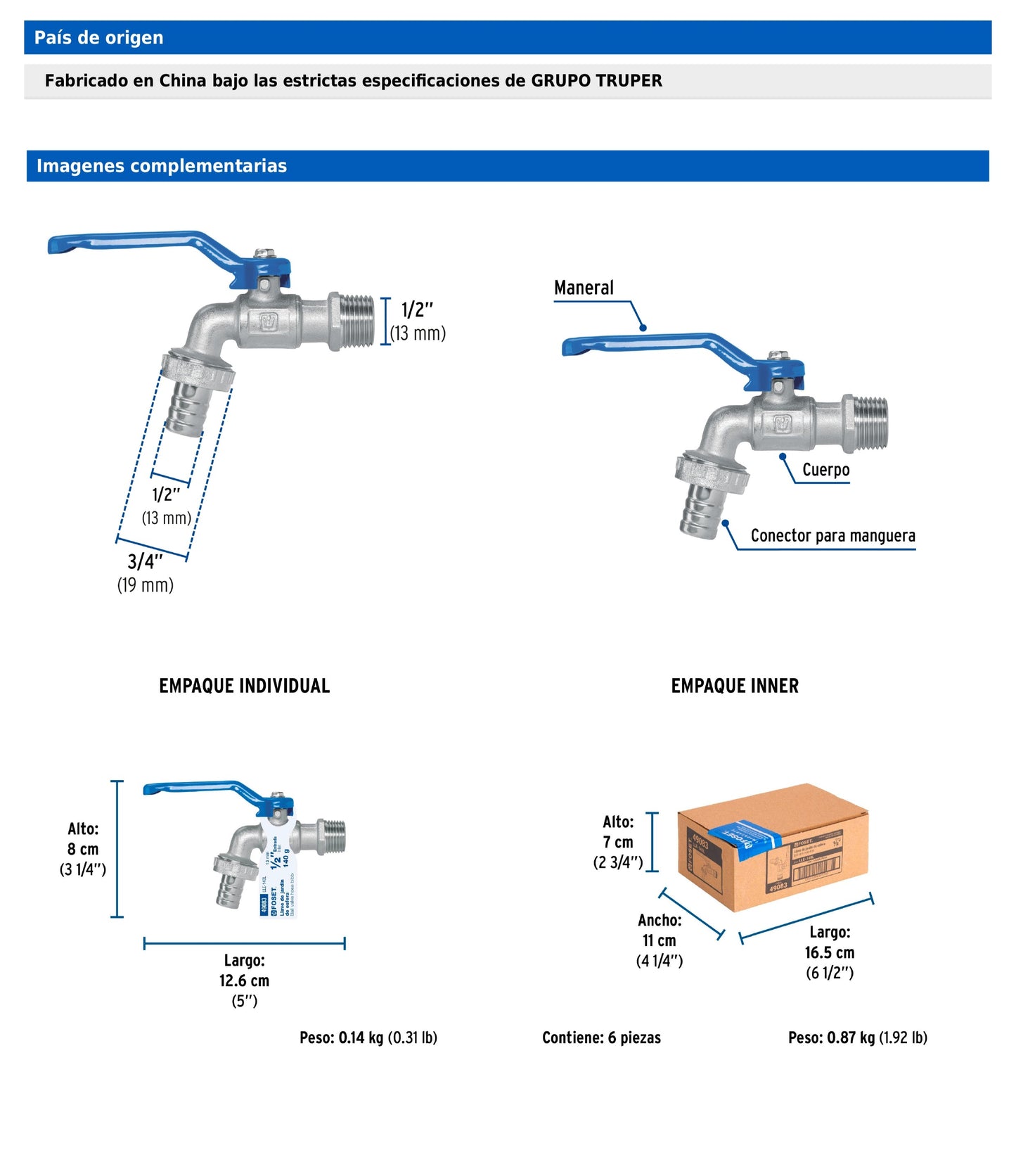 Llave de esfera de latón de 140 g con entrada de 1/2 pulgada