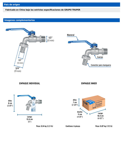 Llave de esfera de latón de 140 g con entrada de 1/2 pulgada