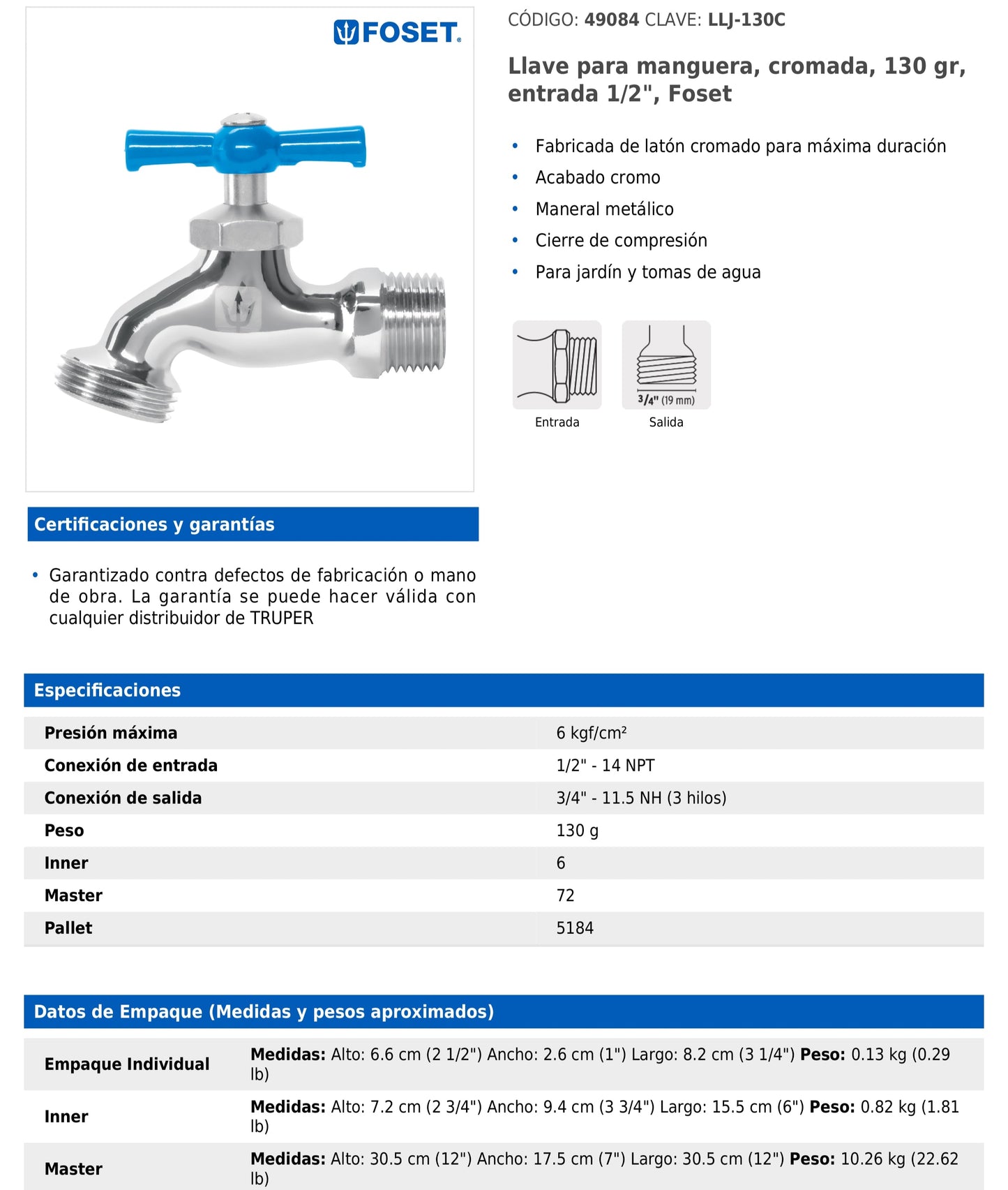 Llave para manguera cromada de 130 g con entrada de 1/2 pulgada