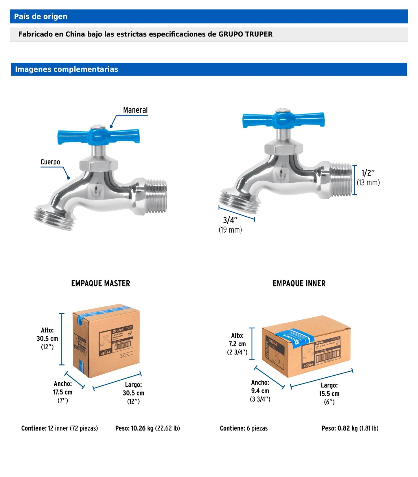 Llave para manguera cromada de 130 g con entrada de 1/2 pulgada