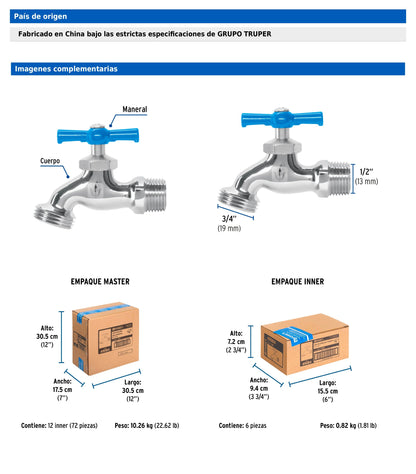 Llave para manguera cromada de 130 g con entrada de 1/2 pulgada