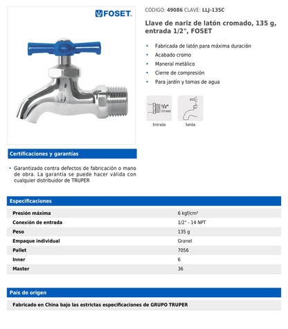 Llave de nariz de latón cromado de 135 g con entrada de 1/2 pulgada