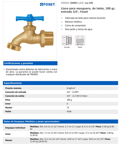 Llave para manguera de latón con entrada de 3/4" y maneral metálico