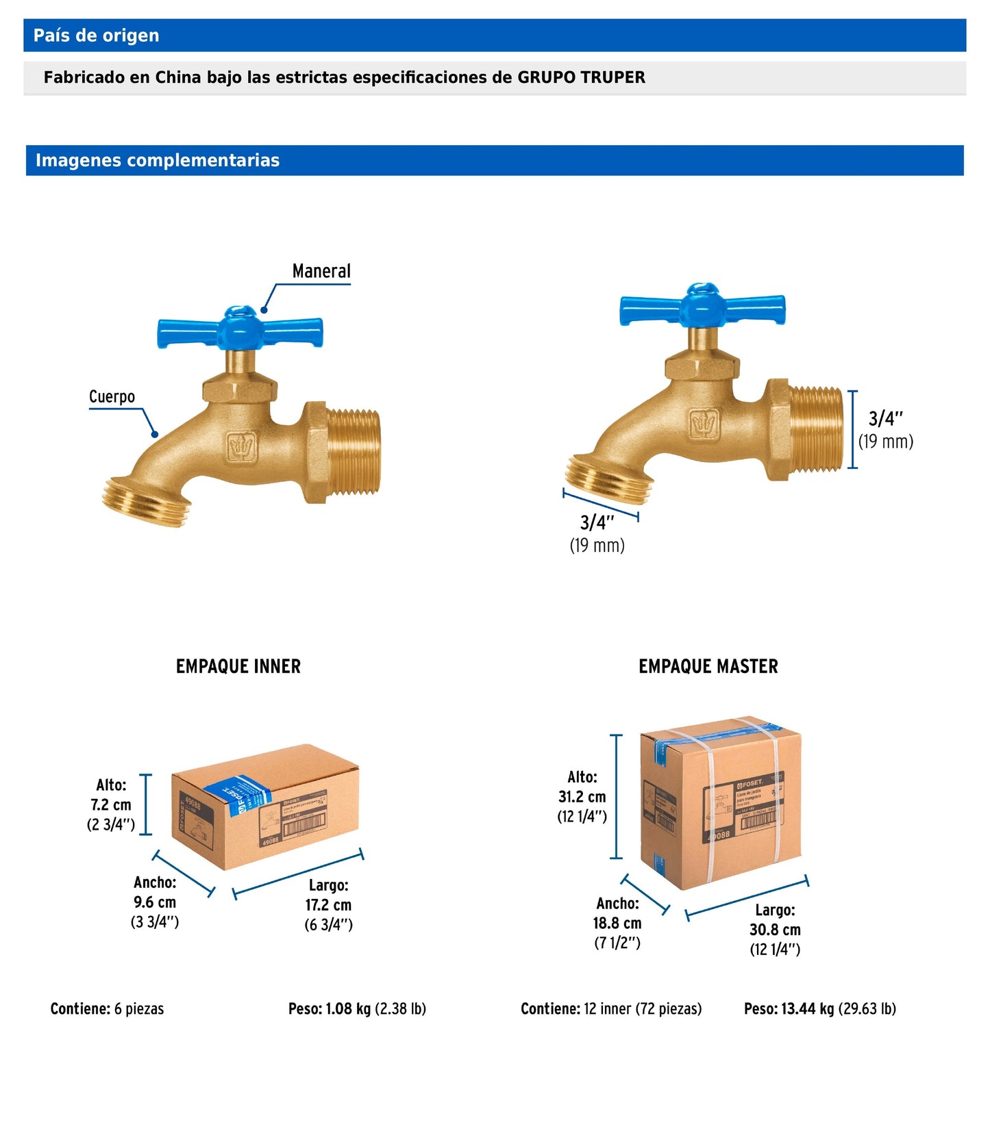Llave para manguera de latón con entrada de 3/4" y maneral metálico