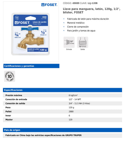 Llave para manguera de latón de 120 g con entrada de 1/2 pulgada en blíster