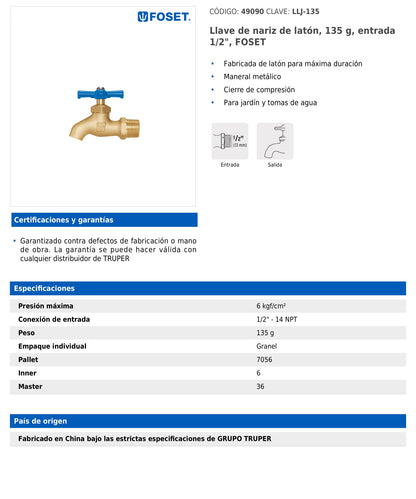 Llave de nariz de latón de 135 g con entrada de 1/2 pulgada
