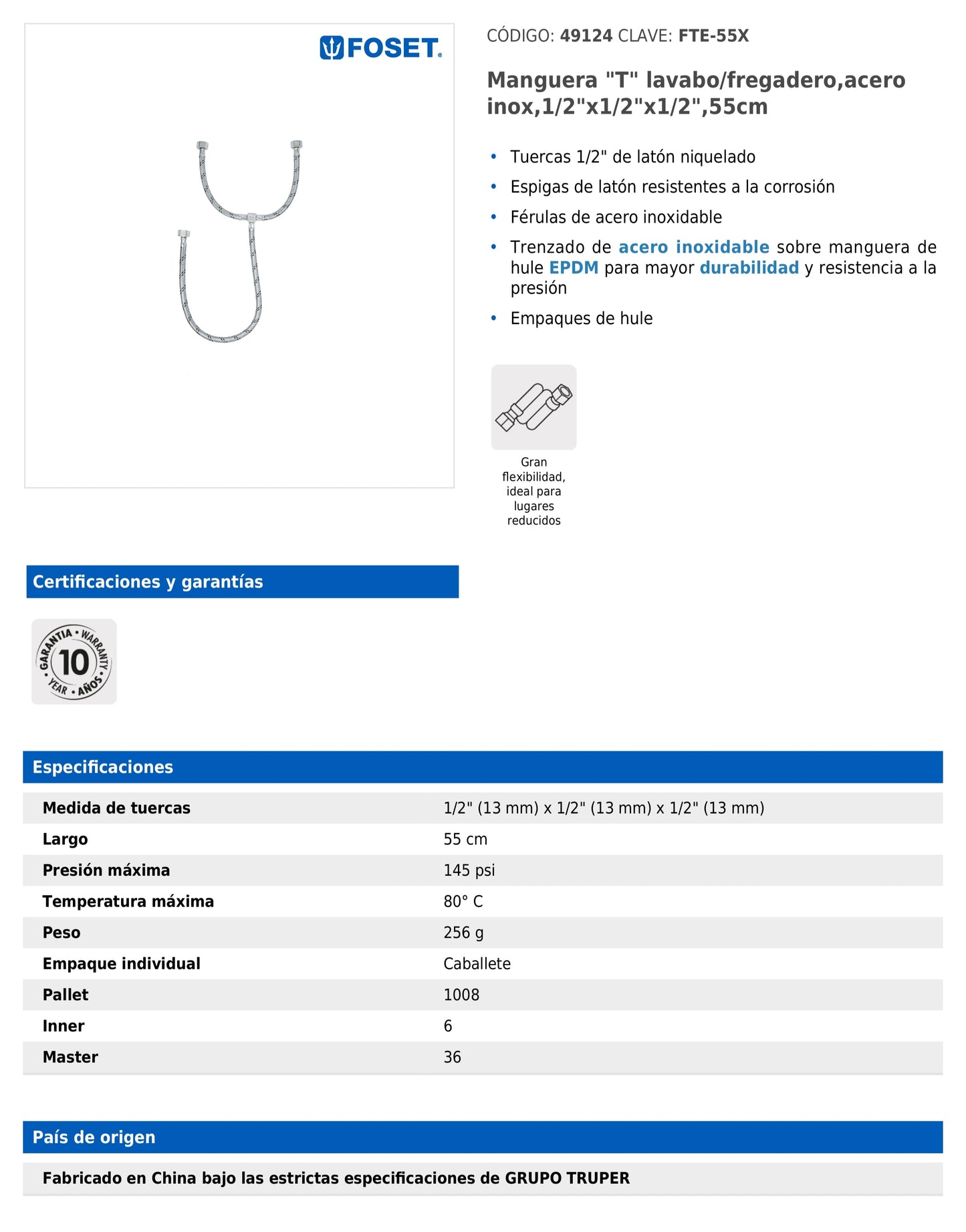 Manguera tipo T para lavabo o fregadero de 55 cm con tuercas de 1/2" y trenzado de acero inoxidable