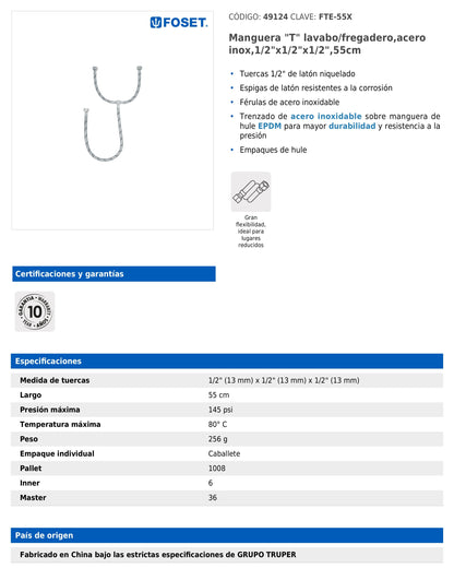 Manguera tipo T para lavabo o fregadero de 55 cm con tuercas de 1/2" y trenzado de acero inoxidable
