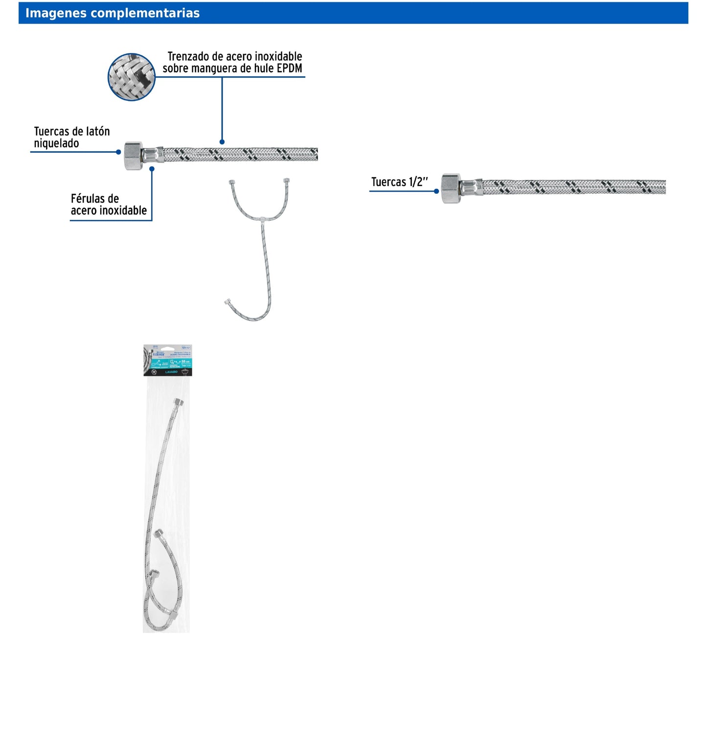 Manguera tipo T para lavabo o fregadero de 55 cm con tuercas de 1/2" y trenzado de acero inoxidable