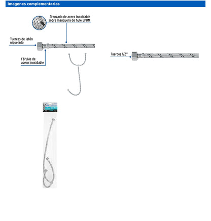 Manguera tipo T para lavabo o fregadero de 55 cm con tuercas de 1/2" y trenzado de acero inoxidable