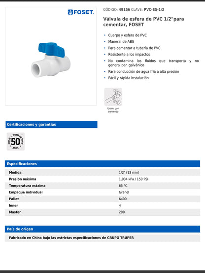 Válvula de esfera de PVC de 1/2 pulgada para cementar con maneral de ABS
