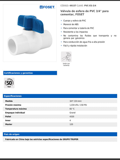 Válvula de esfera de PVC de 3/4 pulgada para cementar con maneral de ABS