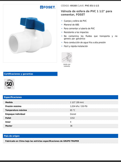 Válvula de esfera de PVC de 1 1/2 pulgadas para cementar con maneral de ABS