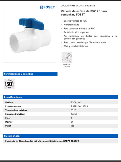 Válvula de esfera de PVC de 2 pulgadas para cementar con maneral de ABS