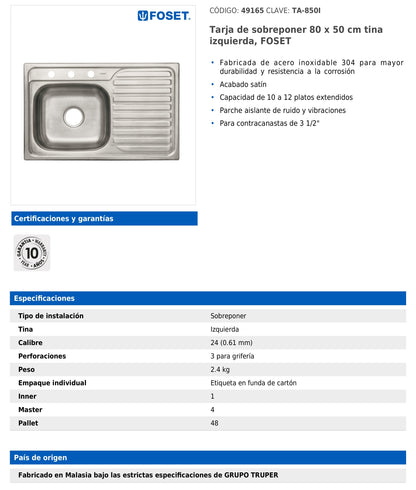 Tarja de sobreponer de 80x50 cm con tina izquierda y acabado satín