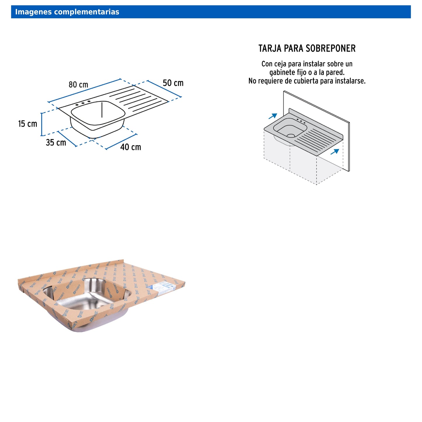 Tarja de sobreponer de 80x50 cm con tina izquierda y acabado satín