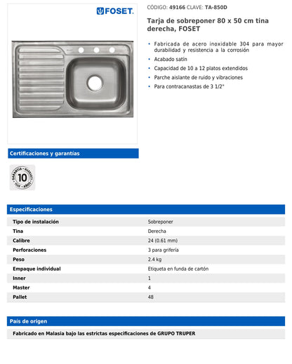 Tarja de sobreponer de 80x50 cm con tina derecha y acabado satín