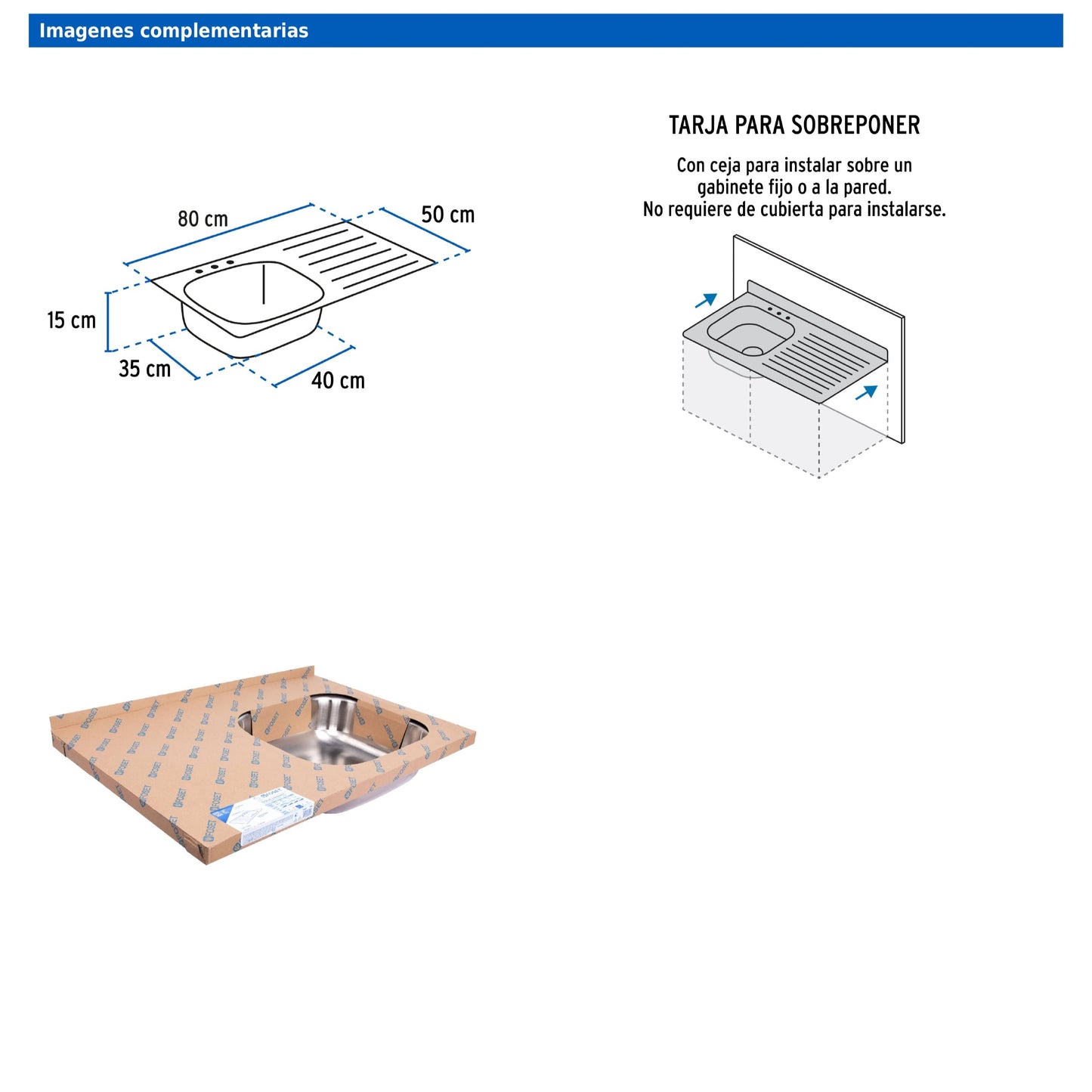 Tarja de sobreponer de 80x50 cm con tina derecha y acabado satín