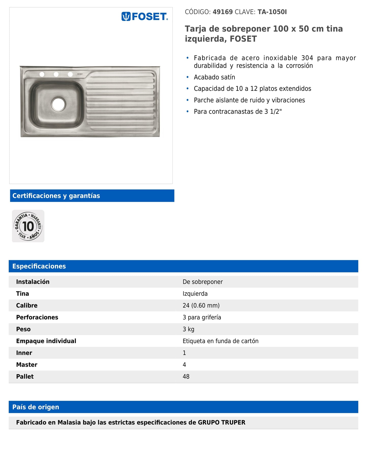 Tarja de sobreponer de 100x50 cm con tina izquierda y acabado satín
