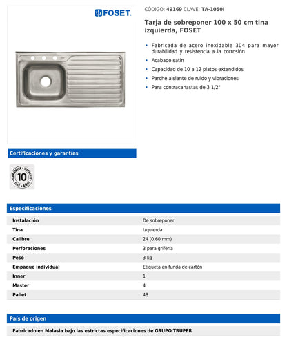 Tarja de sobreponer de 100x50 cm con tina izquierda y acabado satín