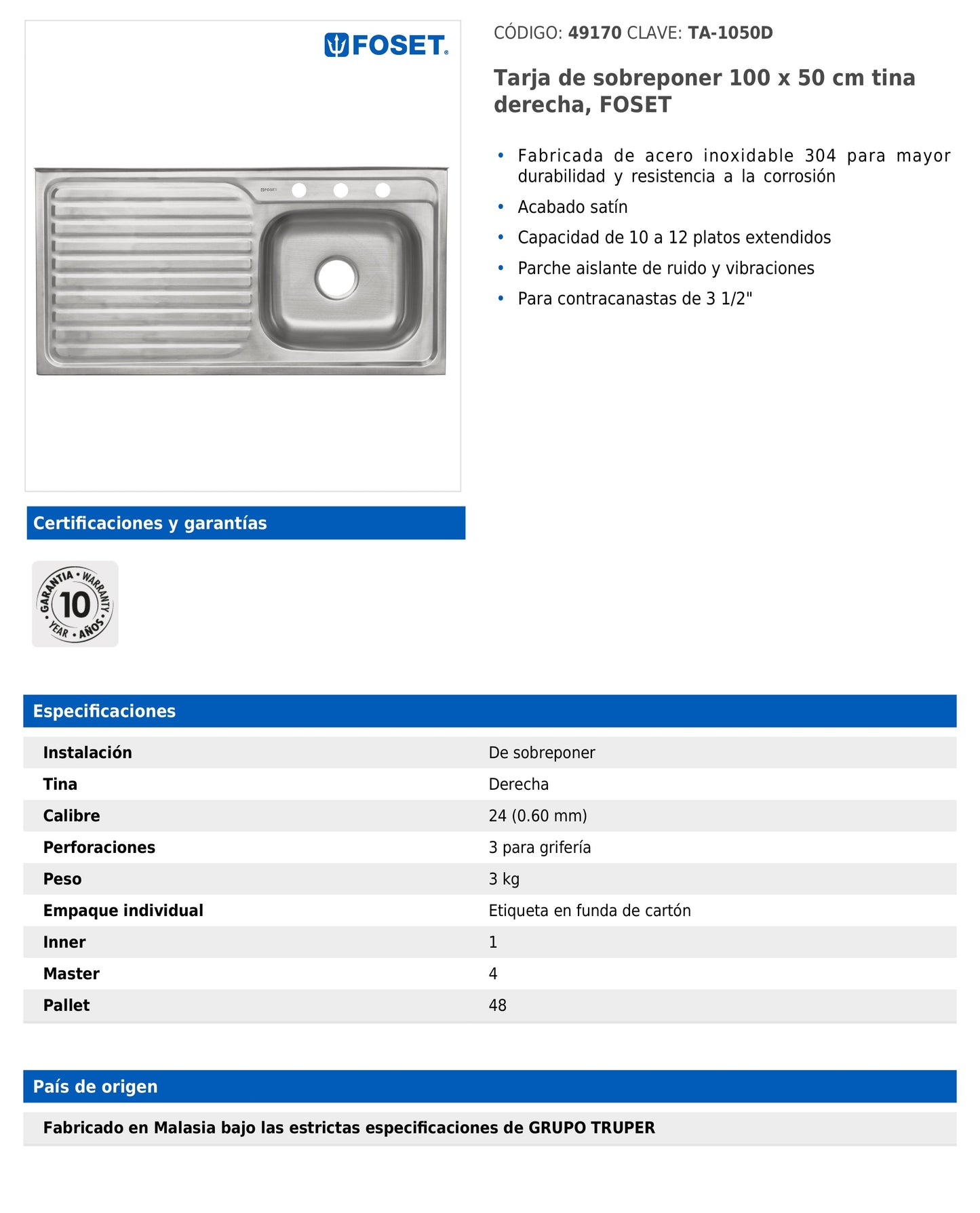 Tarja de sobreponer de 100x50 cm con tina derecha y acabado satín