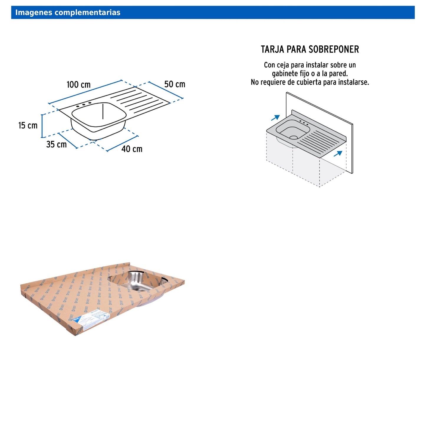 Tarja de sobreponer de 100x50 cm con tina derecha y acabado satín