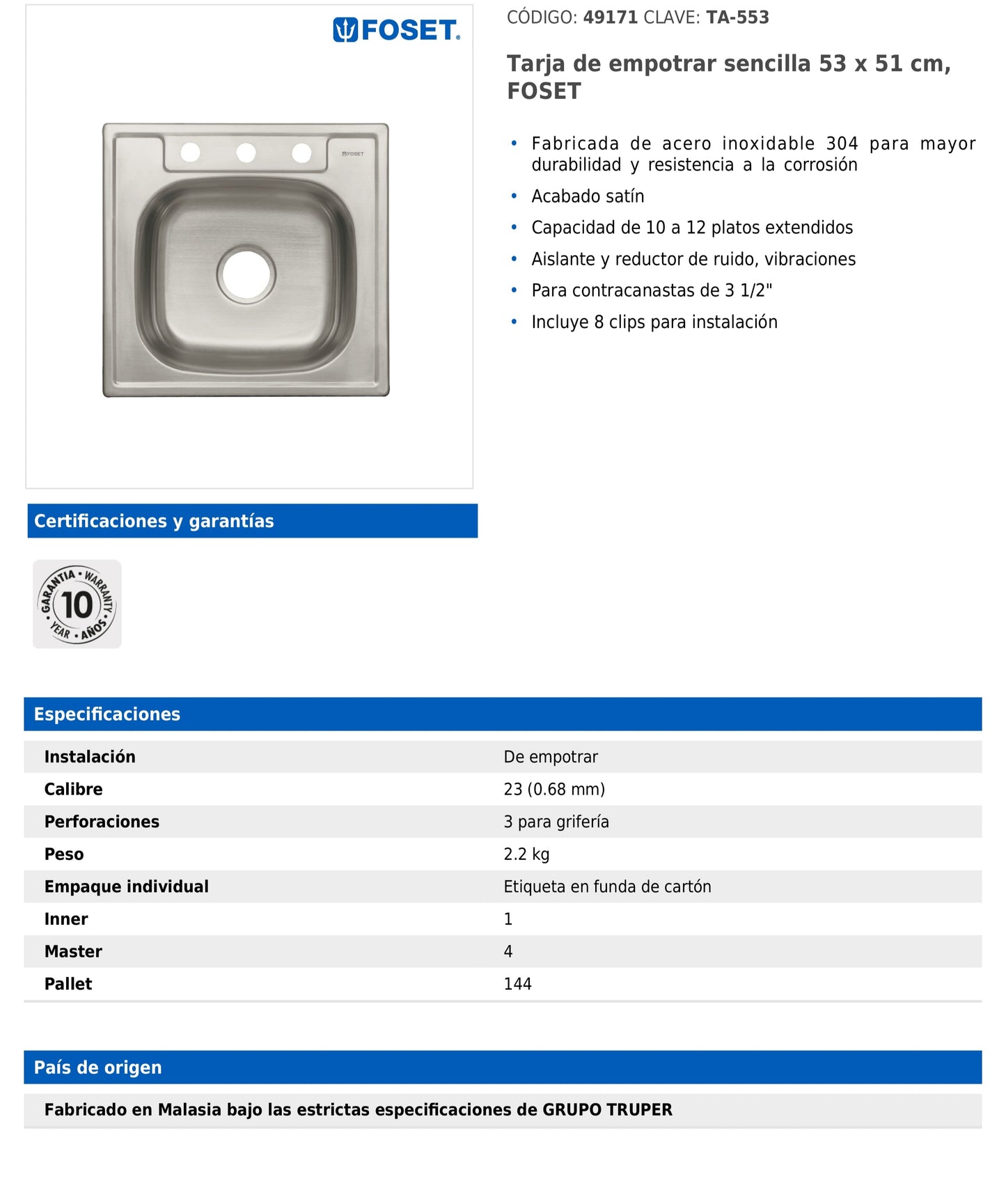 Tarja de empotrar sencilla de 53x51 cm con acabado satín y 3 perforaciones