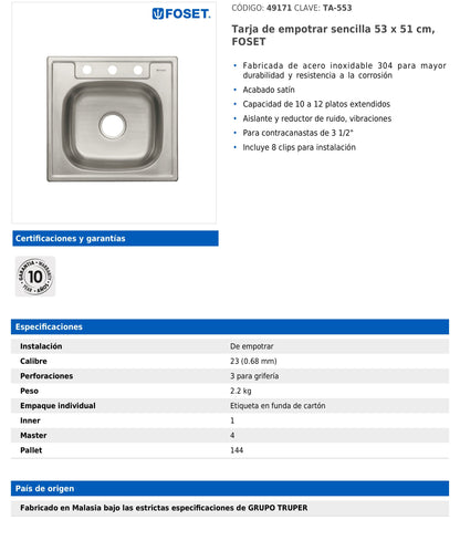 Tarja de empotrar sencilla de 53x51 cm con acabado satín y 3 perforaciones
