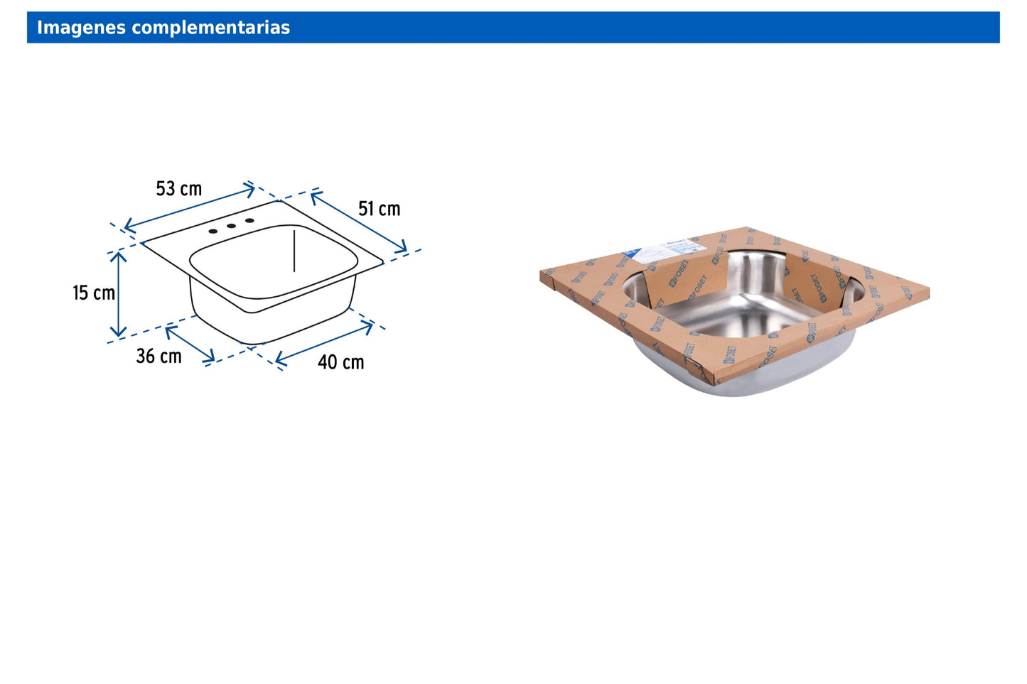 Tarja de empotrar sencilla de 53x51 cm con acabado satín y 3 perforaciones