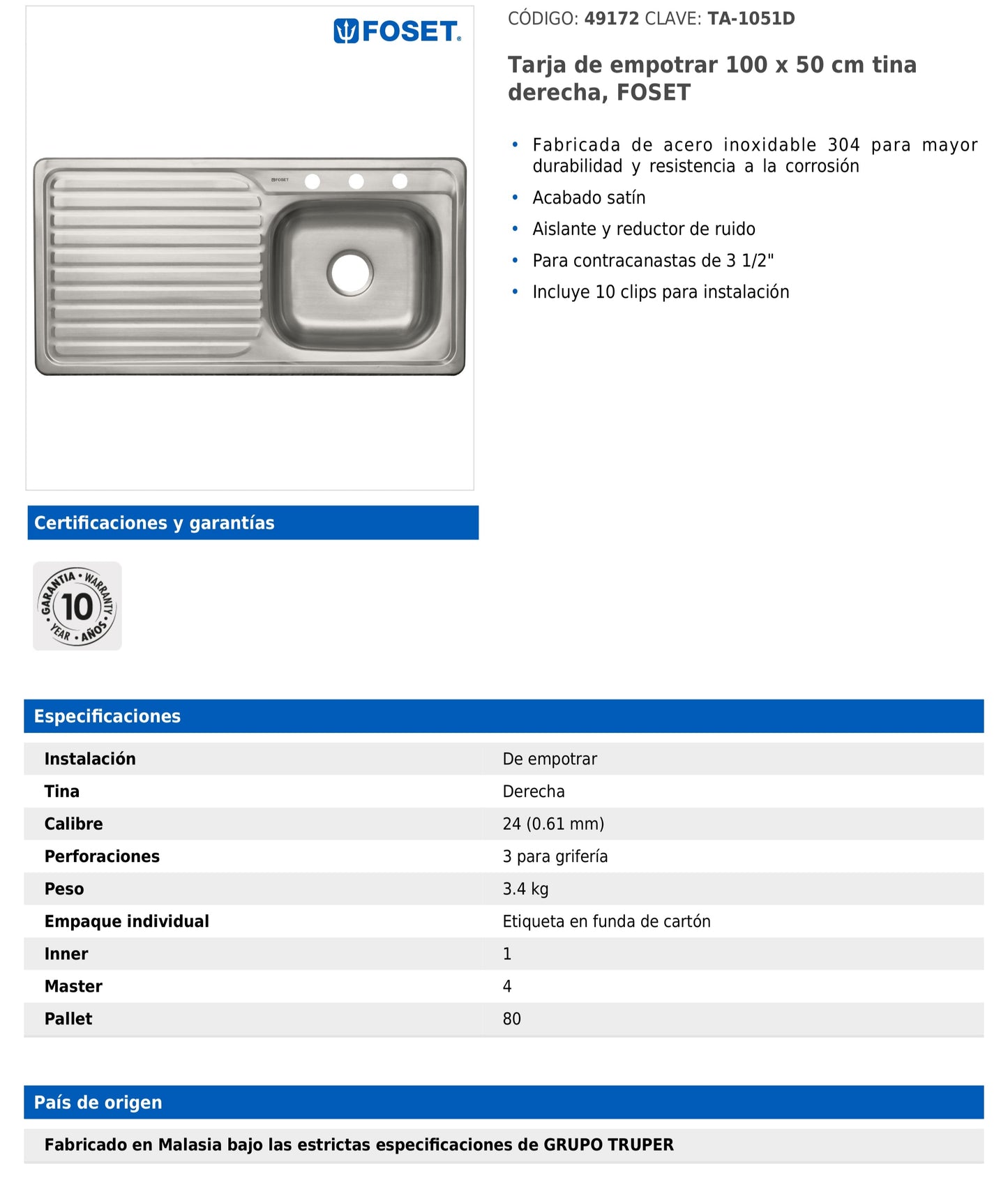 Tarja de empotrar de 100x50 cm con tina derecha y acabado satín
