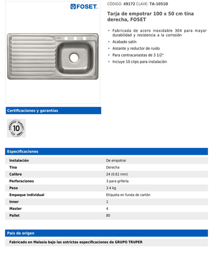 Tarja de empotrar de 100x50 cm con tina derecha y acabado satín