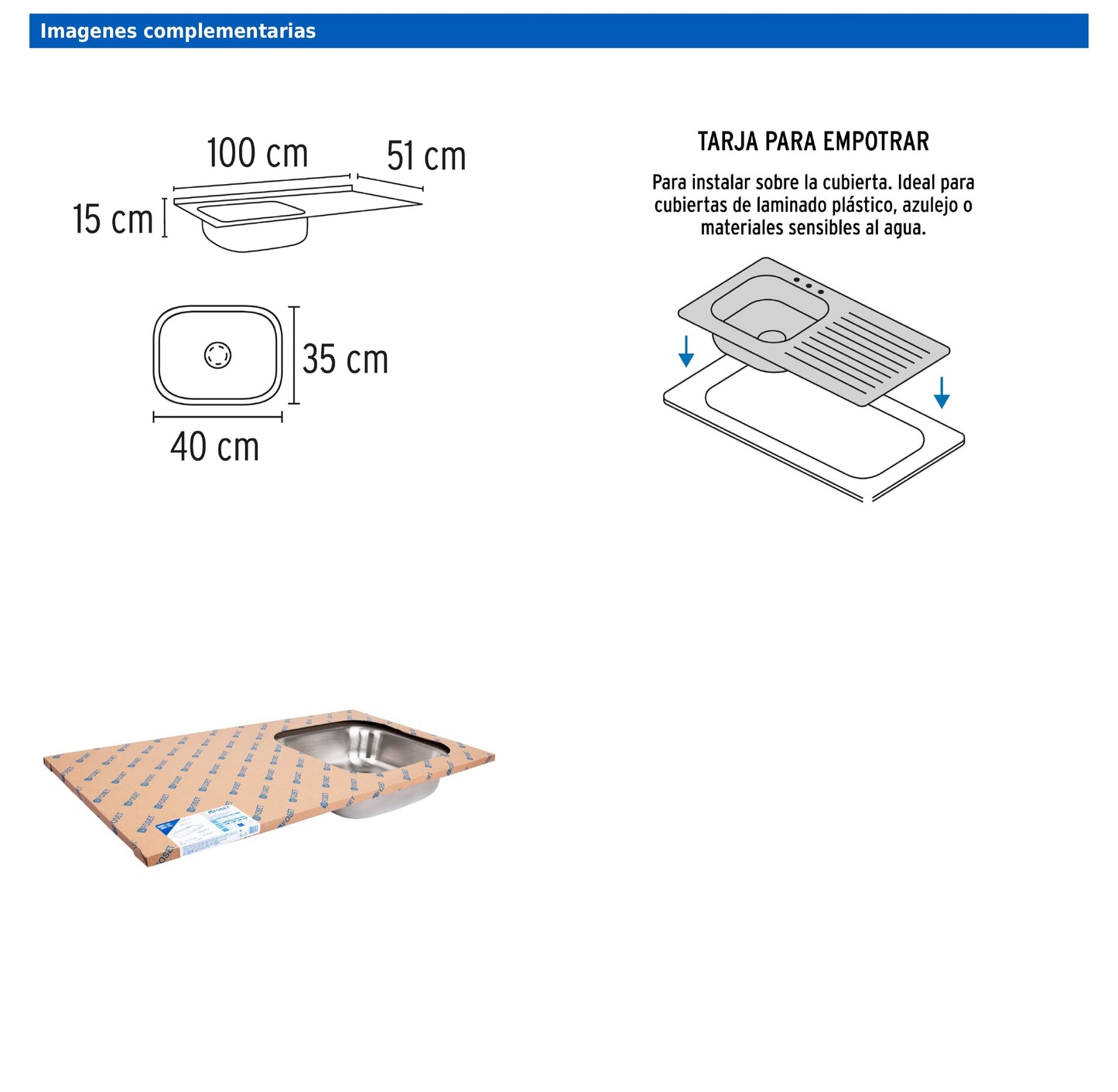 Tarja de empotrar de 100x50 cm con tina derecha y acabado satín