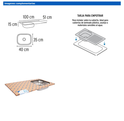 Tarja de empotrar de 100x50 cm con tina derecha y acabado satín