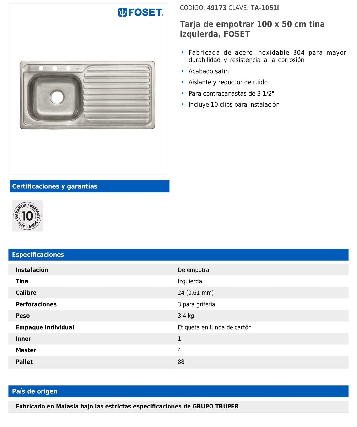 Tarja de empotrar de 100x50 cm con tina izquierda y acabado satín