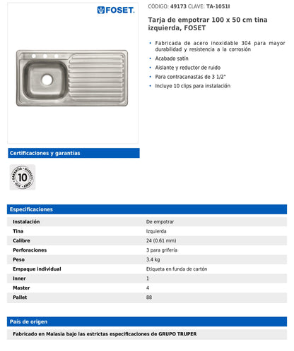 Tarja de empotrar de 100x50 cm con tina izquierda y acabado satín