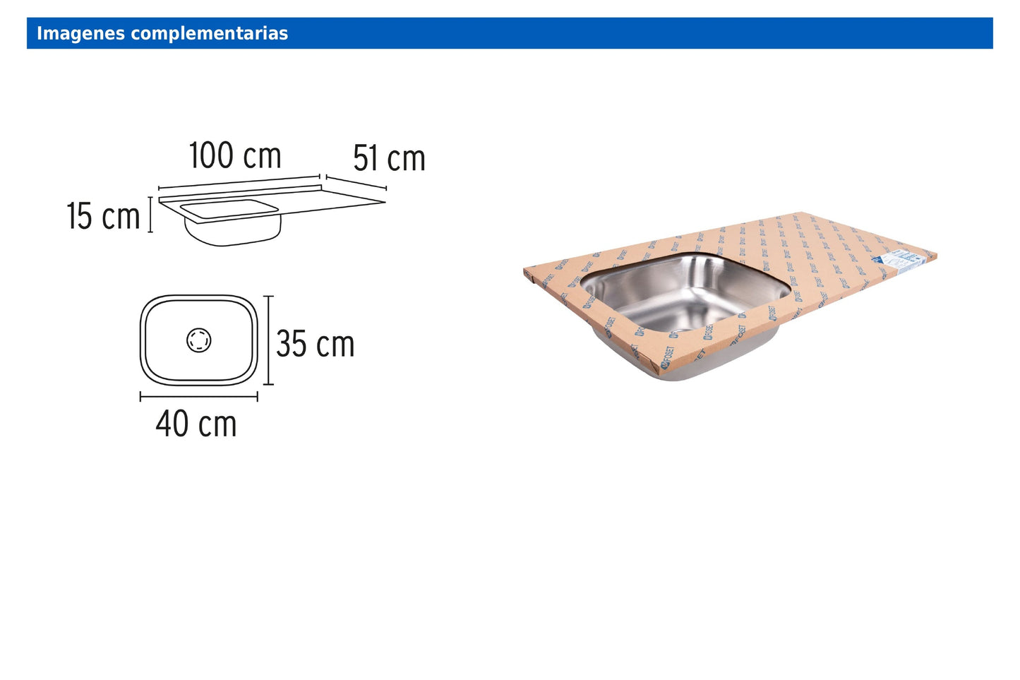 Tarja de empotrar de 100x50 cm con tina izquierda y acabado satín