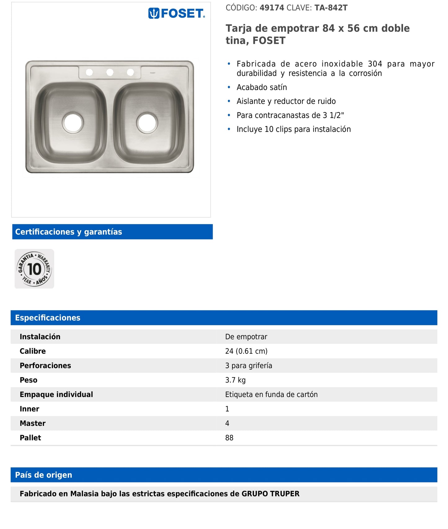Tarja de empotrar de 84x56 cm con doble tina y acabado satín