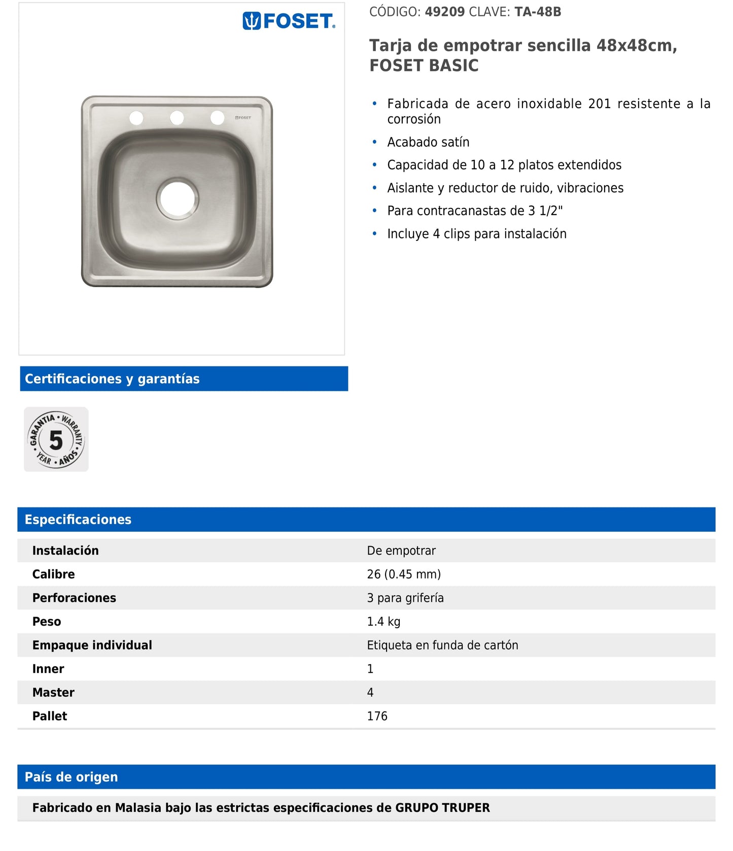 Tarja de empotrar sencilla de 48x48 cm con acabado satín y 3 perforaciones