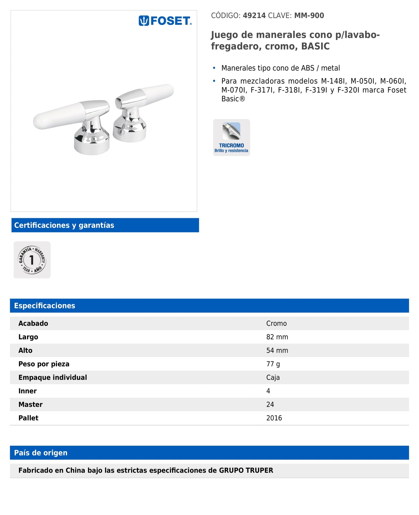 Juego de manerales tipo cono para lavabo y fregadero