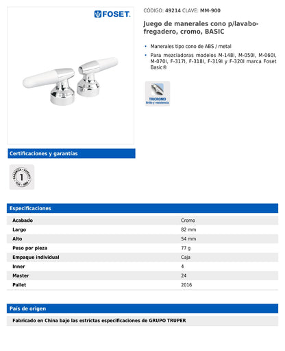 Juego de manerales tipo cono para lavabo y fregadero