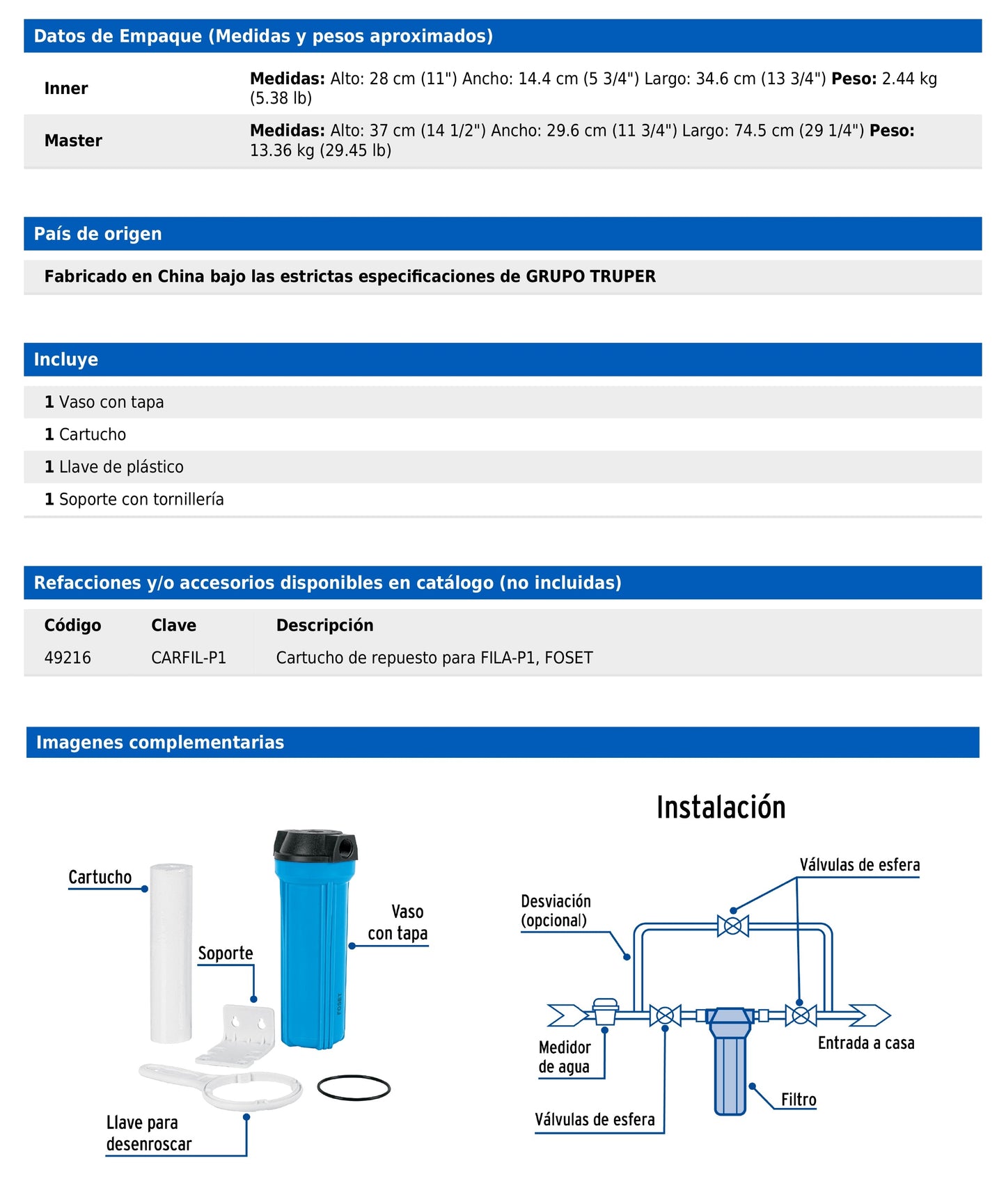Filtro de sedimentos para agua  FILA-P1
