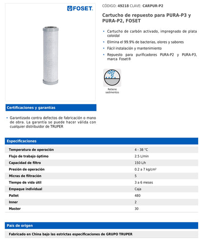 Cartucho de repuesto CARPUR-P2 para PURA-P2 y PURA-P3