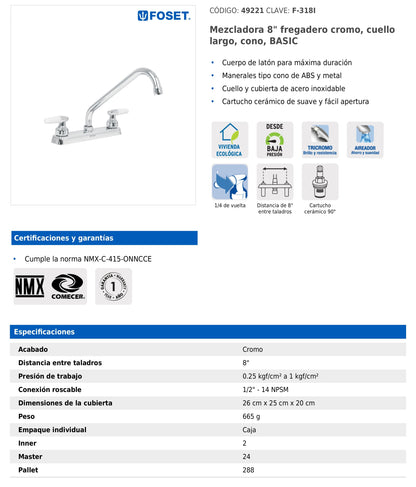 Mezcladora de 8" para fregadero con cuello largo y manerales tipo cono